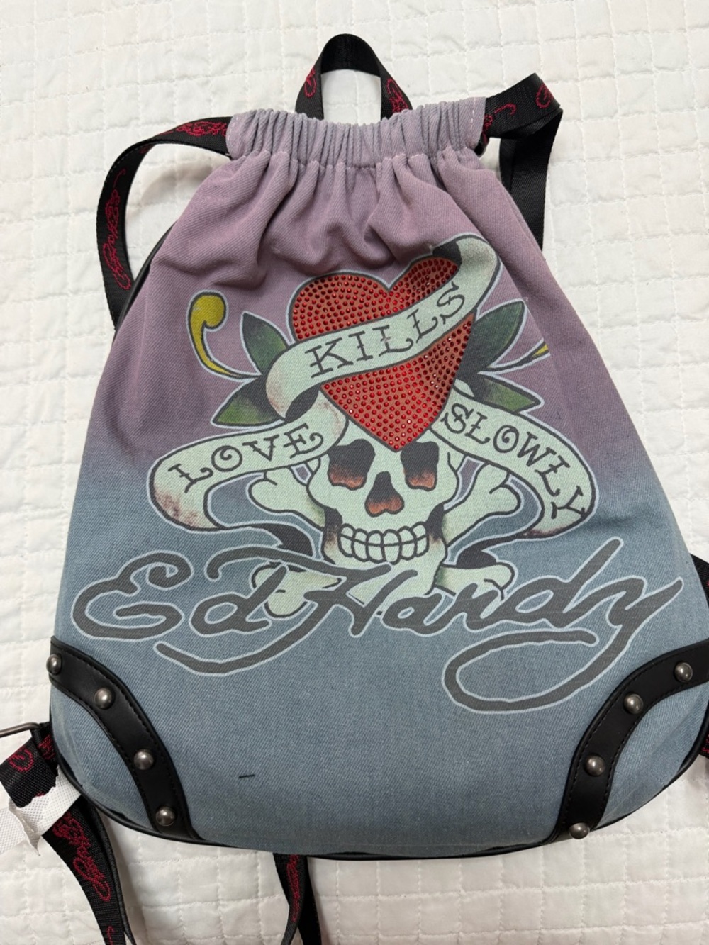Ed Hardy Skull Heart Rhinestone Drawstring Backpack NWT - Picture 5 of 8
